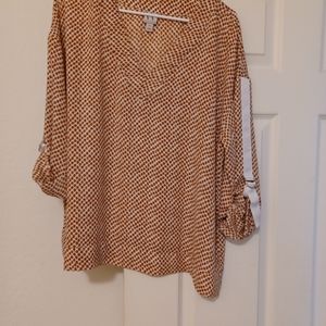 Worthington Womens Size XL Brown & White Dots top with rollback sleeves